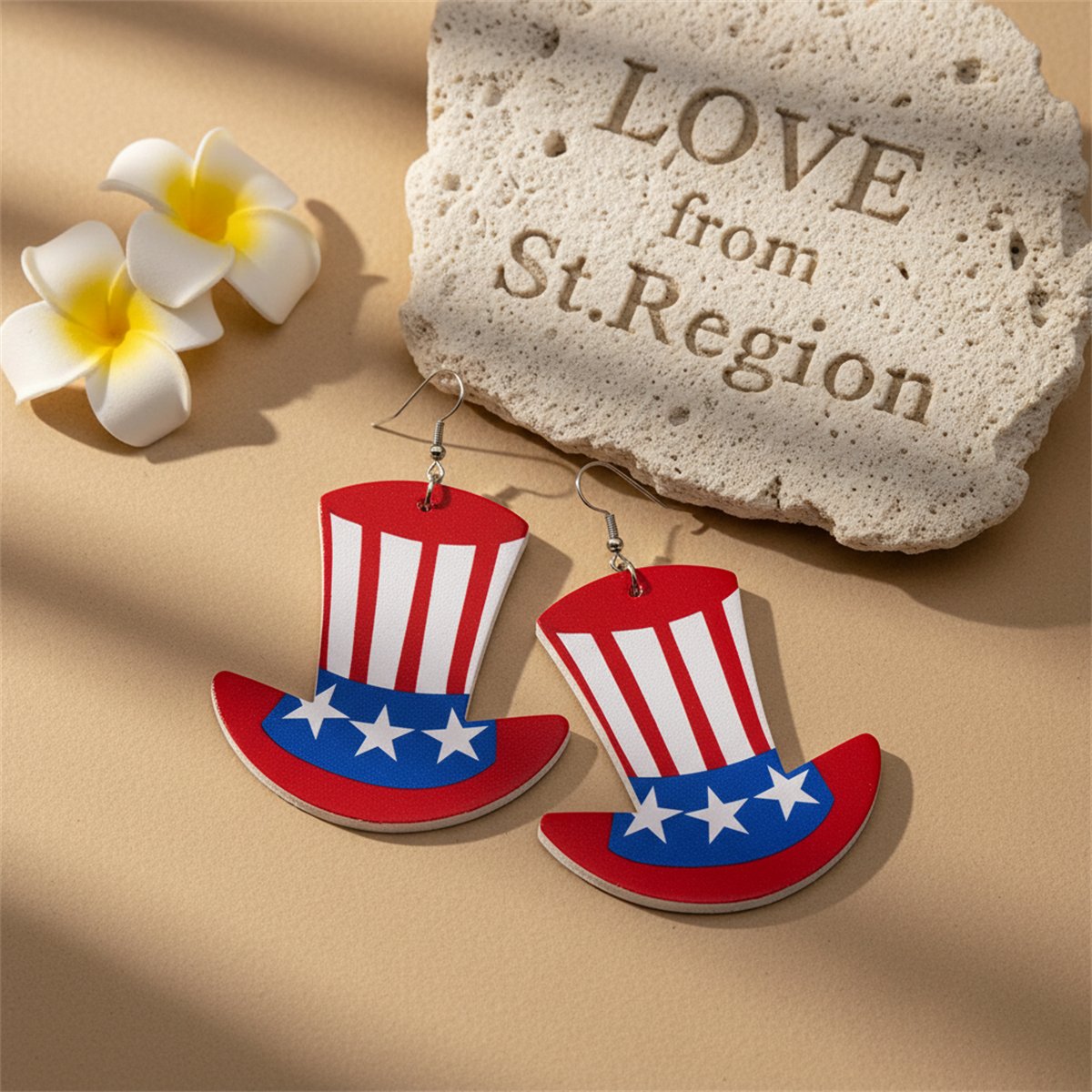 Red and Blue Polystyrene Uncle Sam Hat Drop Earrings, drop earrings for women, botanical inspired, lifestyle look