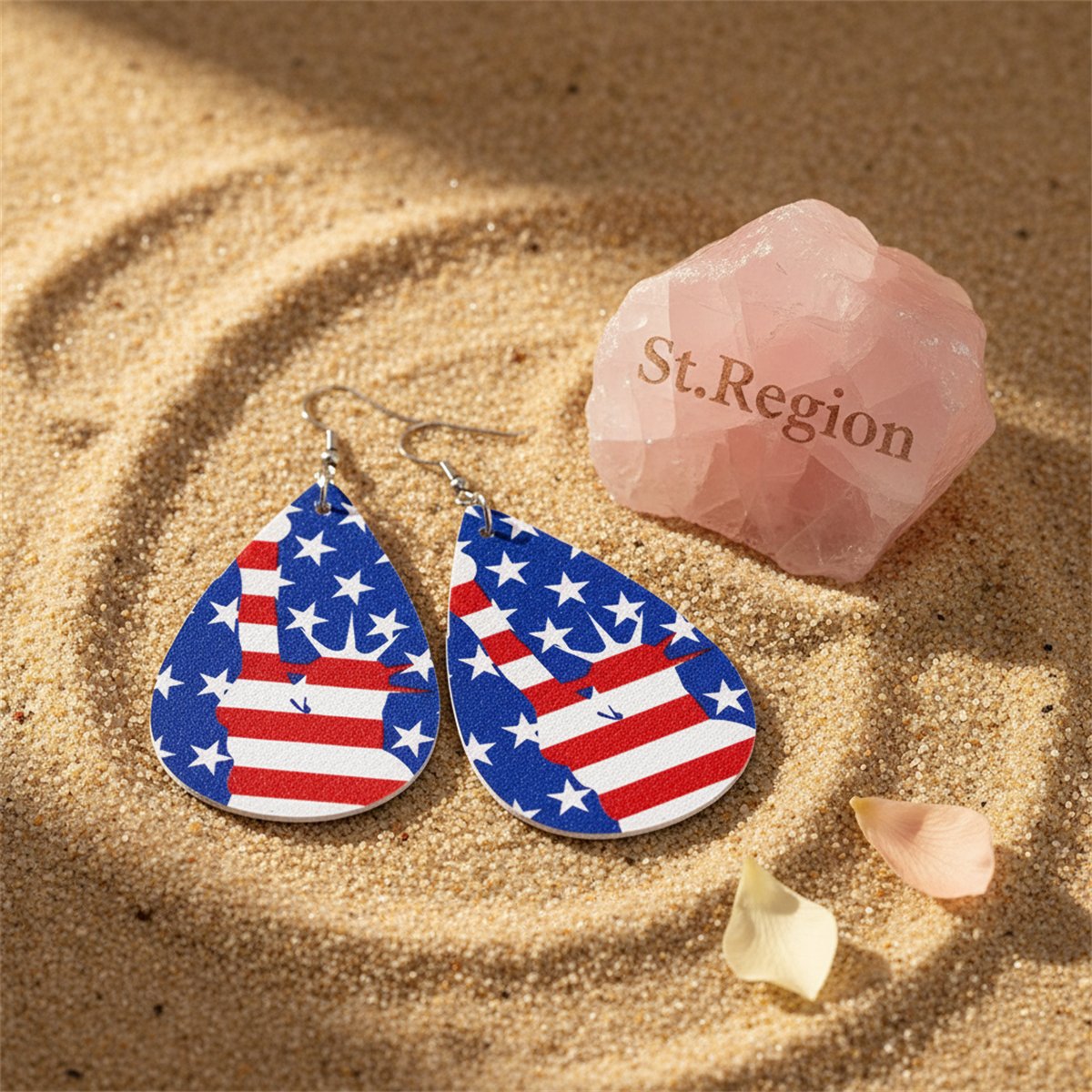Blue and Red Polystyrene Stars and Stripes Lady Liberty Drop Earrings, drop earrings for women, detail close-up