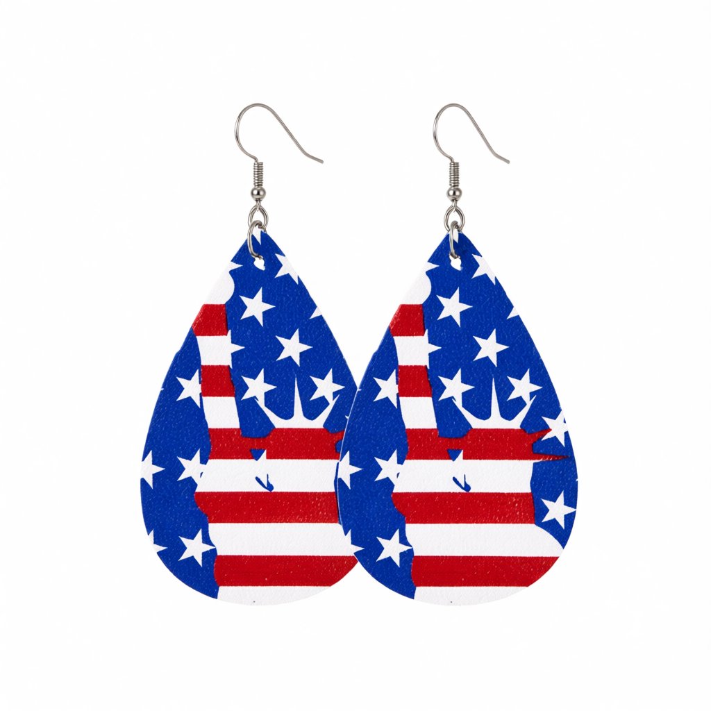 Blue and Red Polystyrene Stars and Stripes Lady Liberty Drop Earrings, drop earrings for women, side view