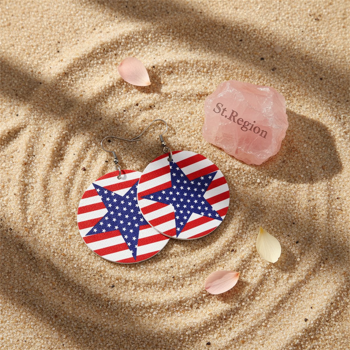 Blue and Red Polystyrene Stars and Stripes Round Drop Earrings, drop earrings for women, detail close-up