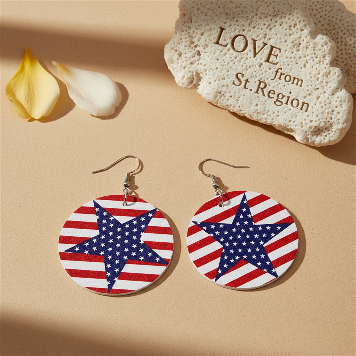 Blue and Red Polystyrene Stars and Stripes Round Drop Earrings, drop earrings for women, elegant gift for her, lifestyle look