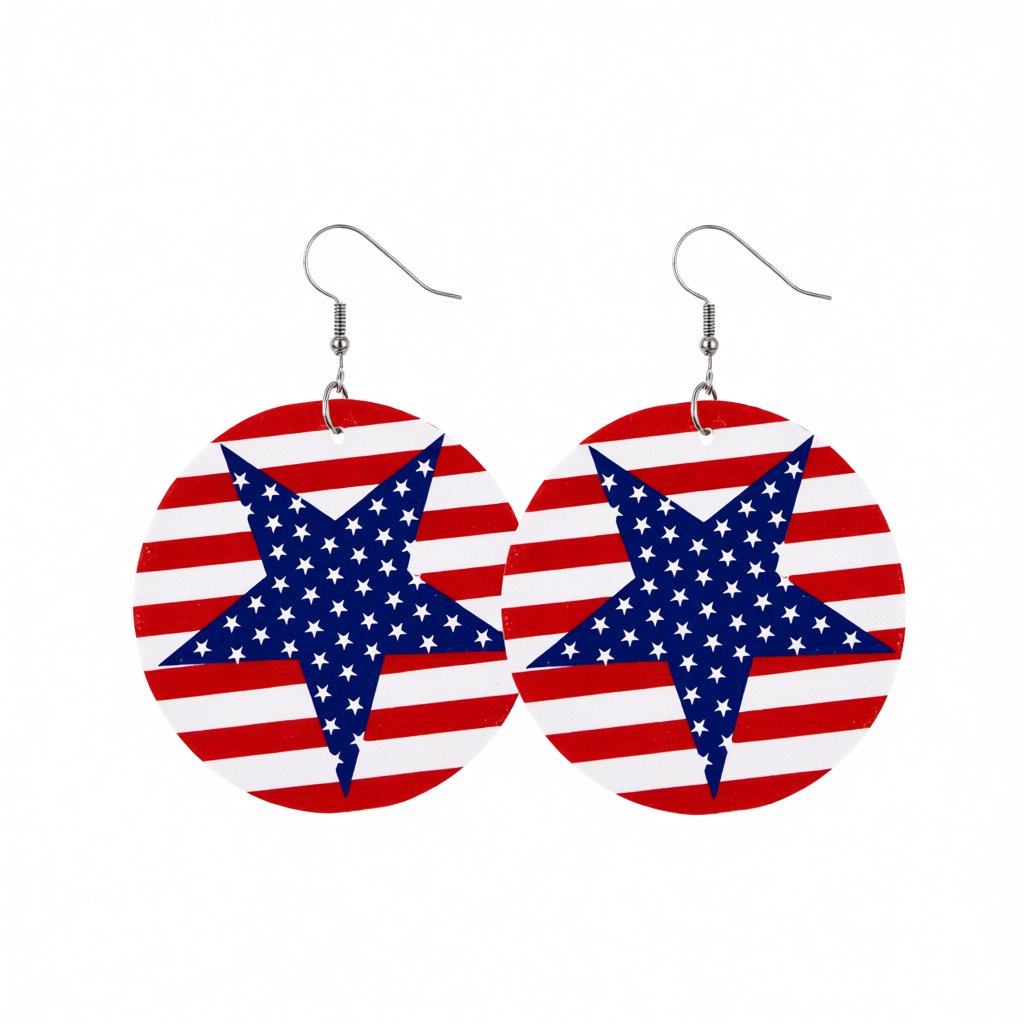 Blue and Red Polystyrene Stars and Stripes Round Drop Earrings, drop earrings for women, elegant gift for her, side view