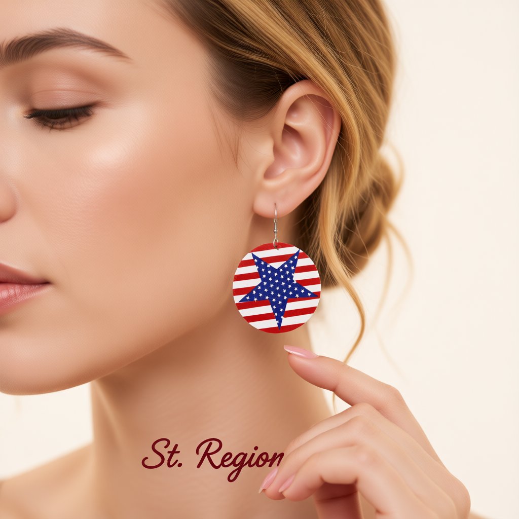 Blue and Red Polystyrene Stars and Stripes Round Drop Earrings, drop earrings for women, elegant gift for her, styled look