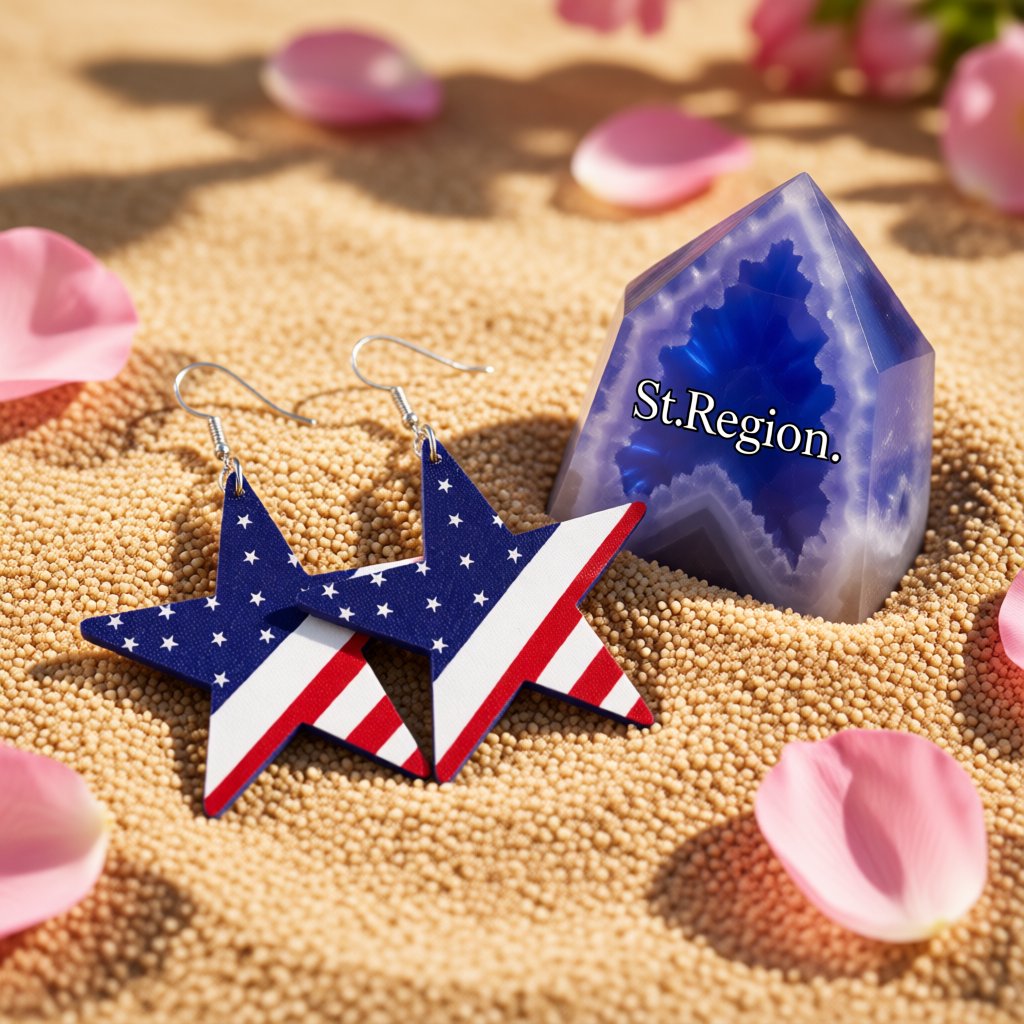 Blue and White Polystyrene Patriotic Star Drop Earrings, drop earrings for women, elegant gift for her, detail close-up