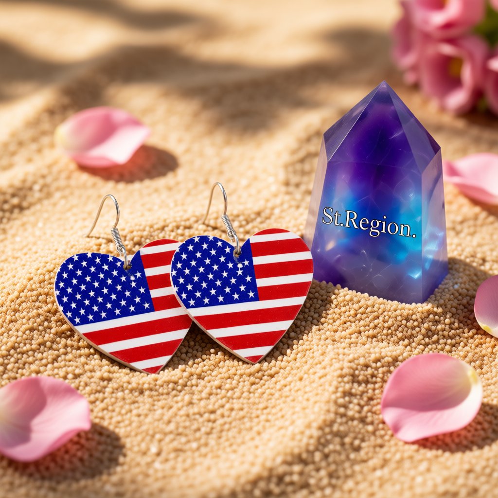 Red and Blue Polystyrene Stars and Stripes Heart Drop Earrings, drop earrings for women, detail close-up