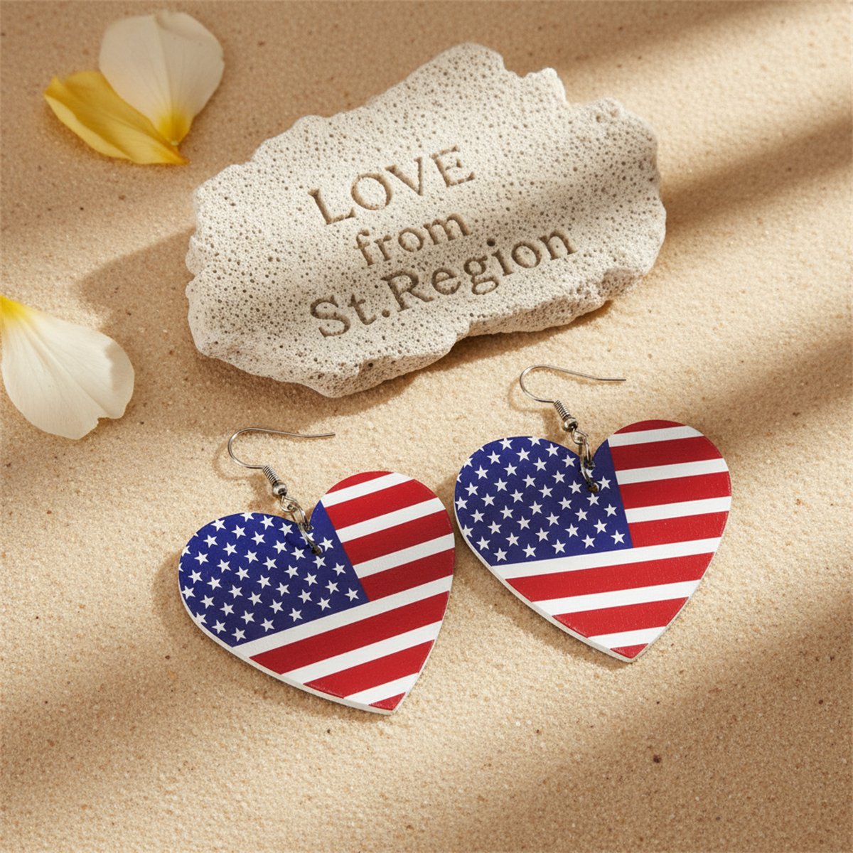 Red and Blue Polystyrene Stars and Stripes Heart Drop Earrings, drop earrings for women, lifestyle look