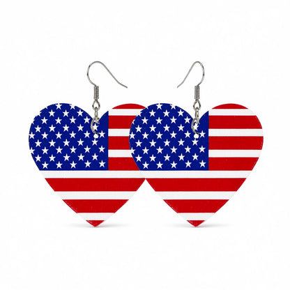Red and Blue Polystyrene Stars and Stripes Heart Drop Earrings, drop earrings for women, side view