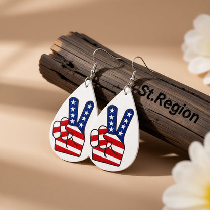 White and Red Polystyrene Patriotic Peace Sign Drop Earrings, drop earrings for women, front view