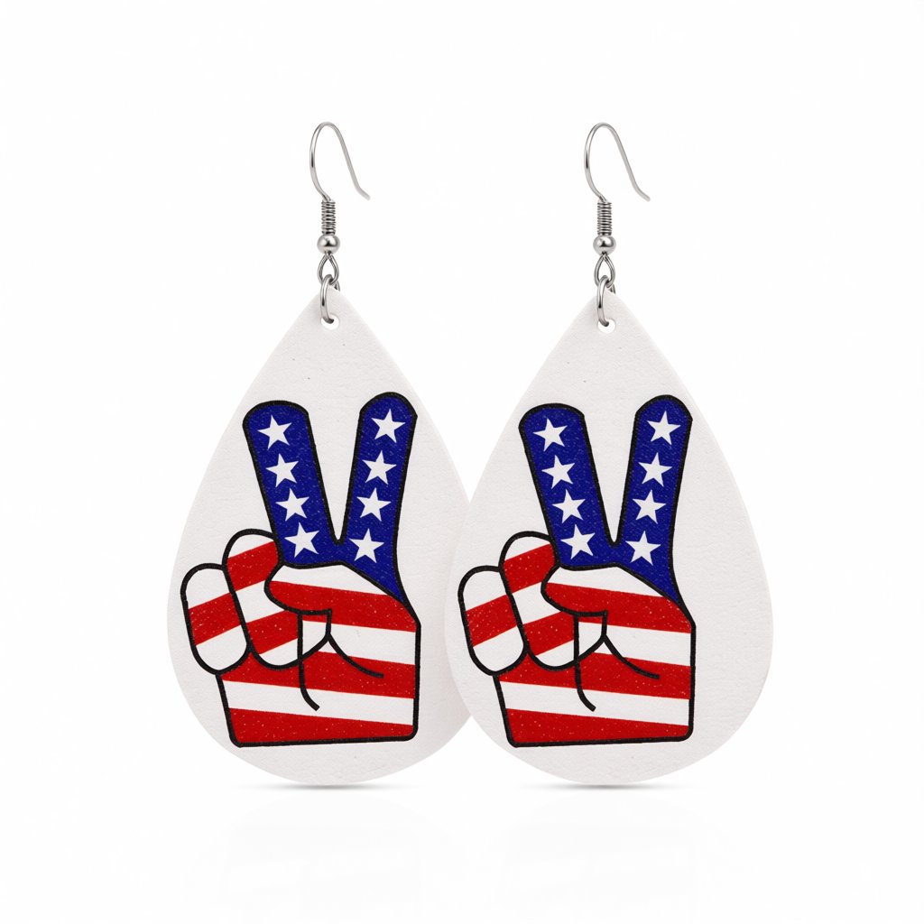 White and Red Polystyrene Patriotic Peace Sign Drop Earrings, drop earrings for women, side view
