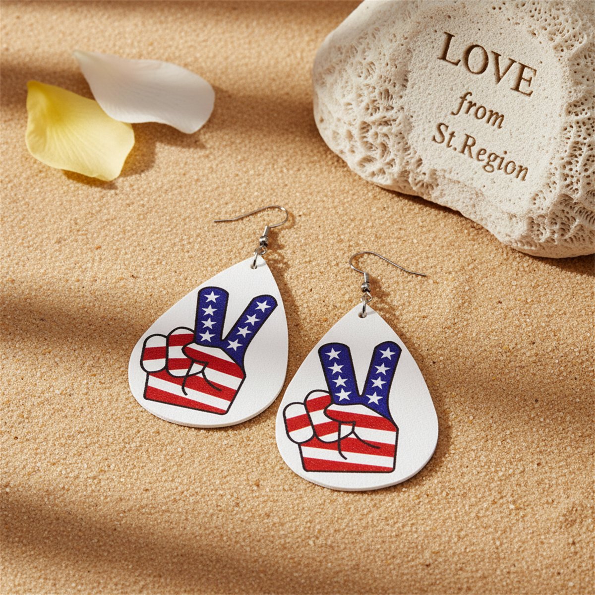 White and Red Polystyrene Patriotic Peace Sign Drop Earrings, drop earrings for women, lifestyle look