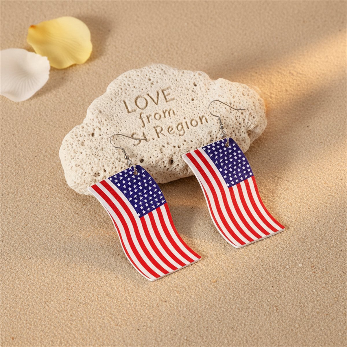 Blue and Red Polystyrene Wavy American Flag Drop Earrings, drop earrings for women, dainty minimalist design, lifestyle look