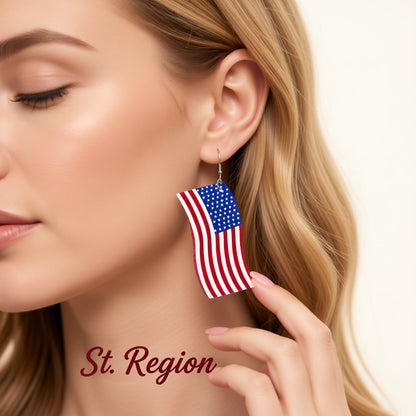 Blue and Red Polystyrene Wavy American Flag Drop Earrings, drop earrings for women, dainty minimalist design, styled look