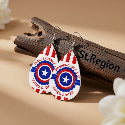 White and Blue Polystyrene 'Est 1776' Teardrop Drop Earrings, drop earrings for women, front view
