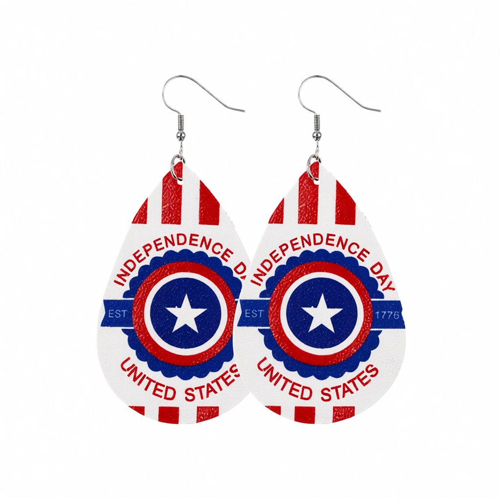 White and Blue Polystyrene 'Est 1776' Teardrop Drop Earrings, drop earrings for women, side view