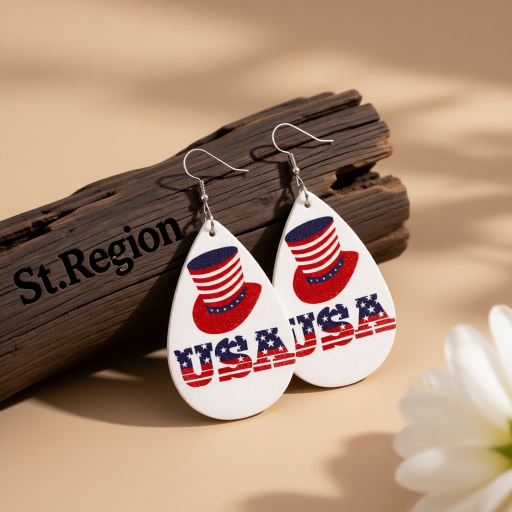 White and Red Polystyrene 'USA' Hat Drop Earrings, drop earrings for women, dainty minimalist design, front view