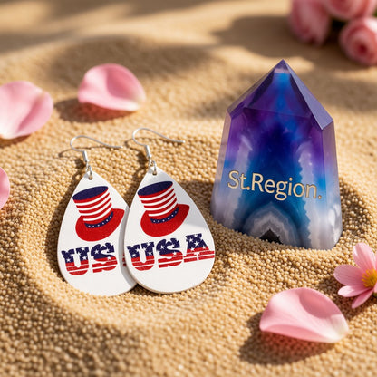 White and Red Polystyrene 'USA' Hat Drop Earrings, drop earrings for women, dainty minimalist design, detail close-up