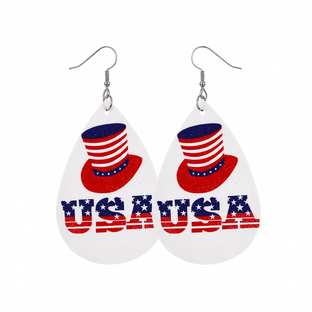 White and Red Polystyrene 'USA' Hat Drop Earrings, drop earrings for women, dainty minimalist design, side view