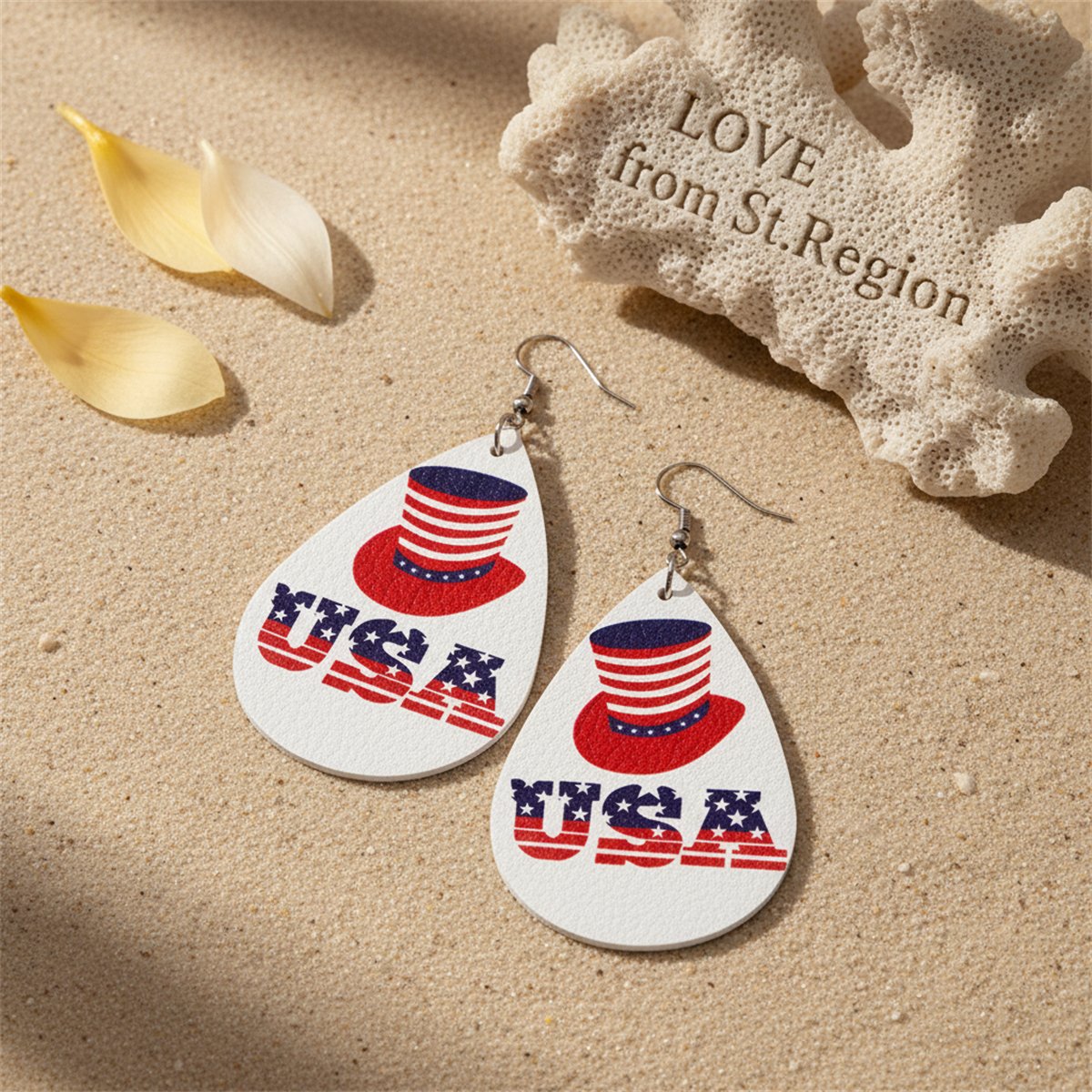 White and Red Polystyrene 'USA' Hat Drop Earrings, drop earrings for women, dainty minimalist design, lifestyle look