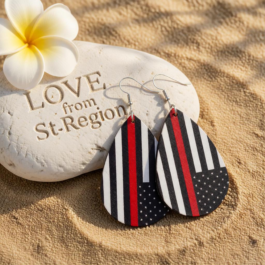 Black and Red Stripe Teardrop Earrings, drop earrings for women, botanical inspired, lifestyle look