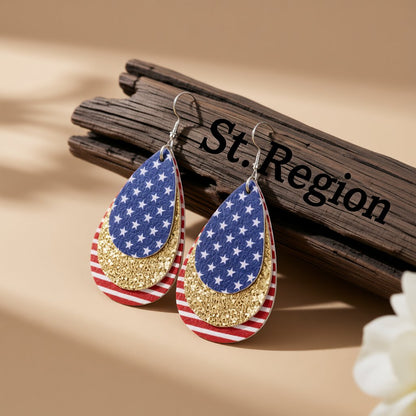 Blue Polyurethane and Silver-Plated Polystyrene Stars and Stripes Glitter Drop Earrings, silver drop earrings..., front view