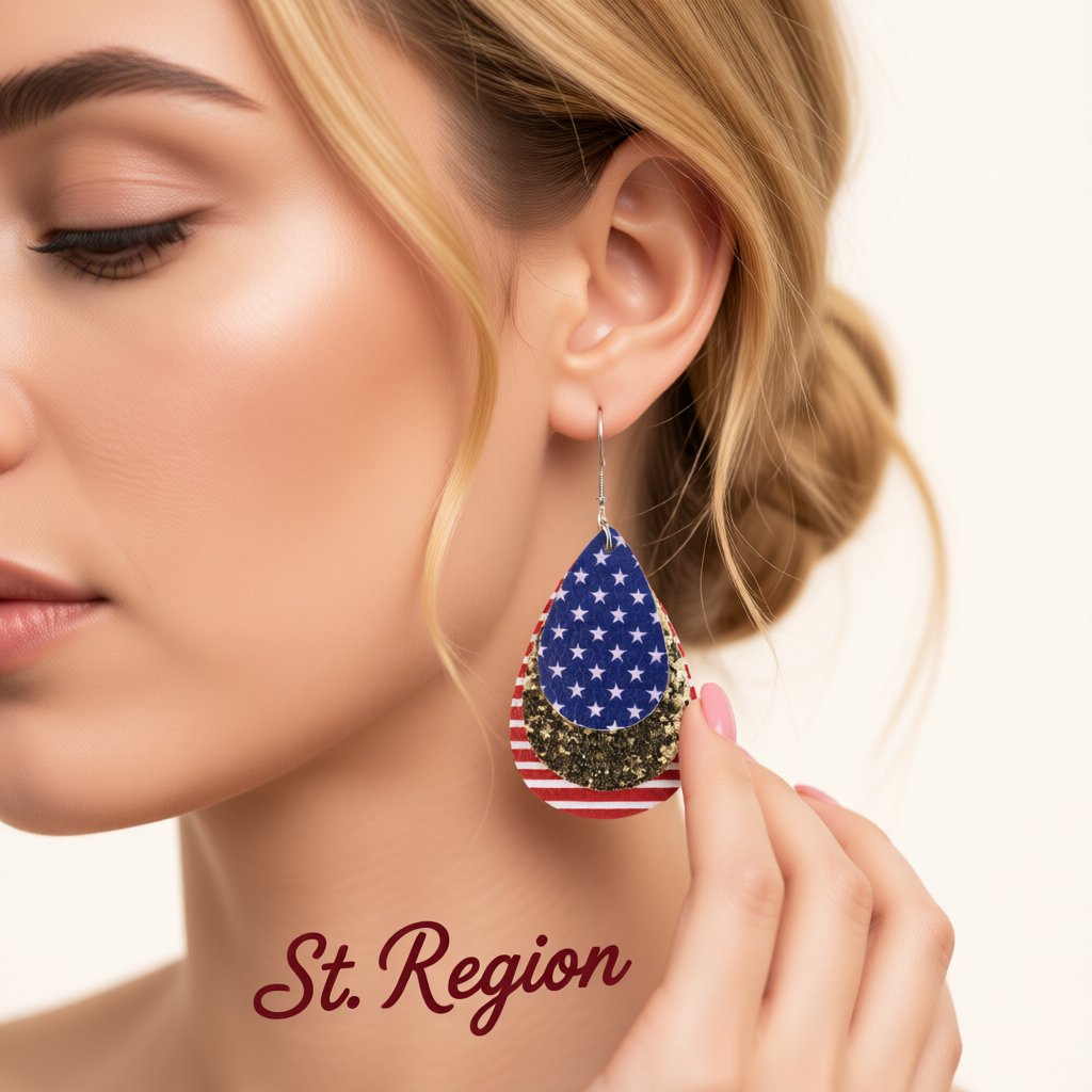 Blue Polyurethane and Silver-Plated Polystyrene Stars and Stripes Glitter Drop Earrings, silver drop..., styled look