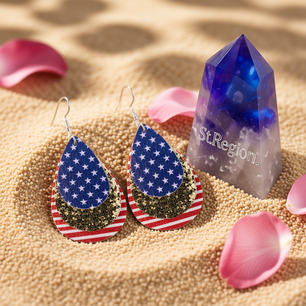 Blue Polyurethane and Silver-Plated Polystyrene Stars and Stripes Glitter Drop Earrings, silver drop..., detail close-up