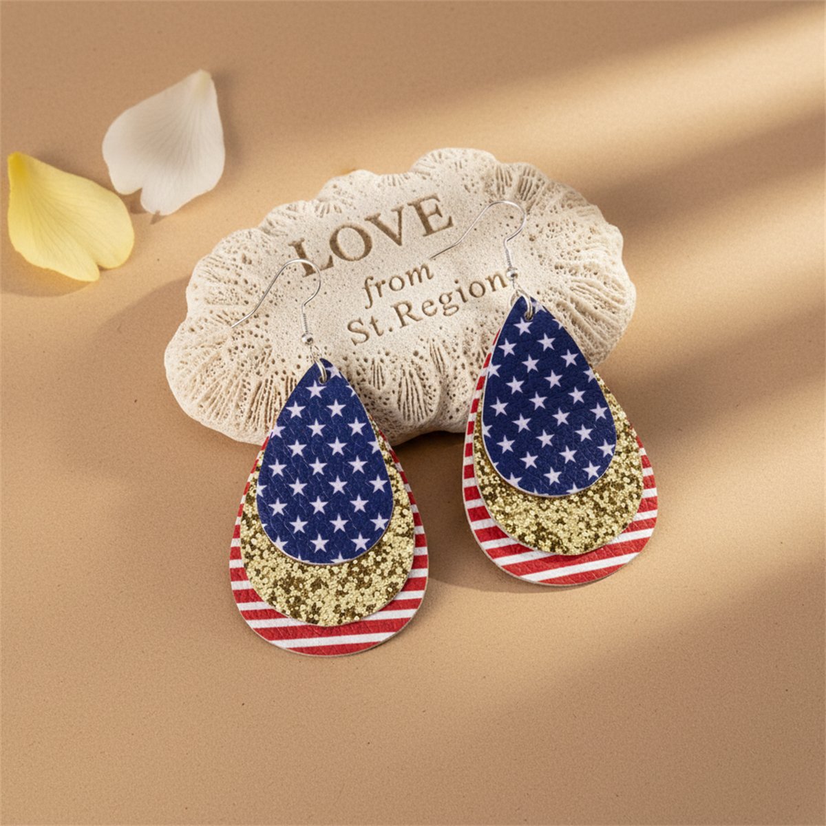 Blue Polyurethane and Silver-Plated Polystyrene Stars and Stripes Glitter Drop Earrings, silver drop..., lifestyle look