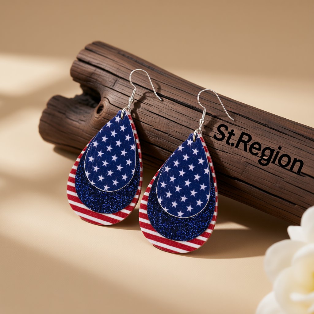 Blue and White Polystyrene Stars and Stripes Glitter Drop Earrings, drop earrings for women, botanical inspired, front view