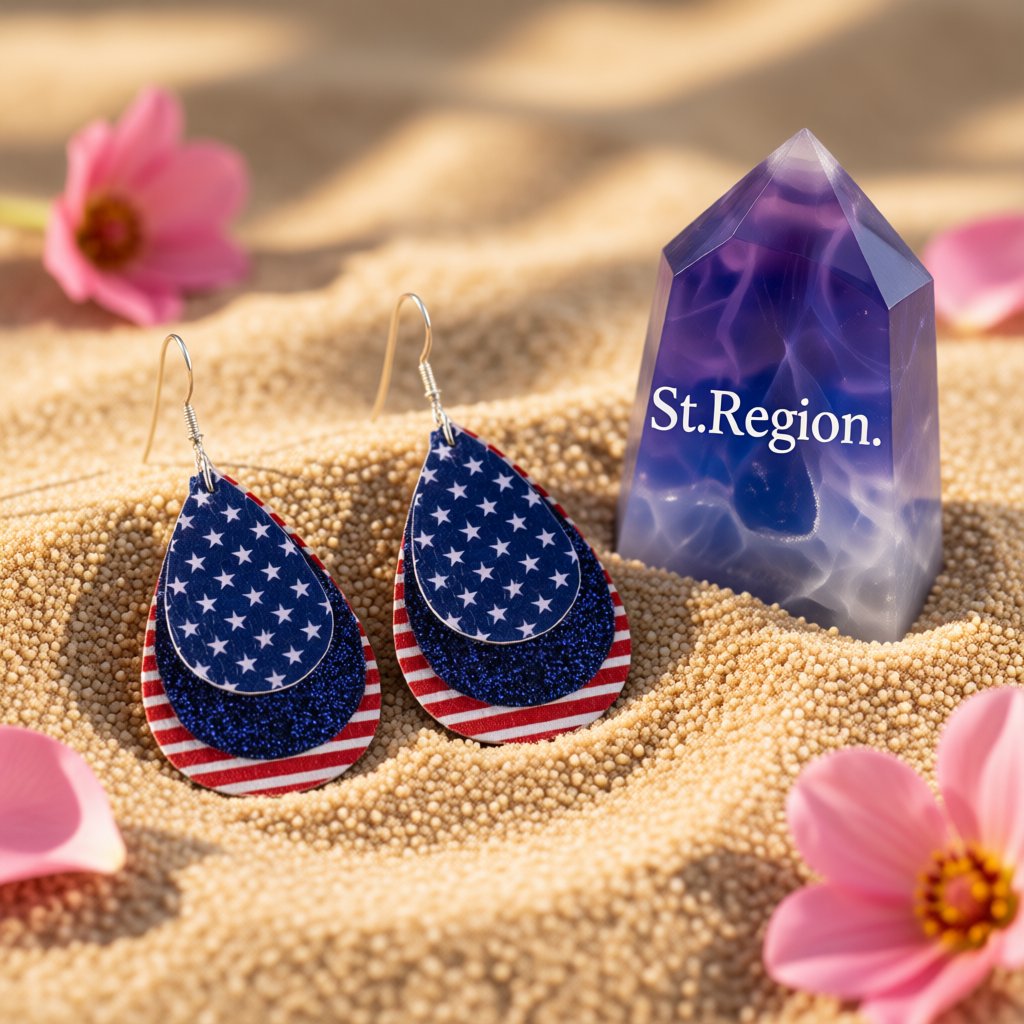 Blue and White Polystyrene Stars and Stripes Glitter Drop Earrings, drop earrings for women, detail close-up