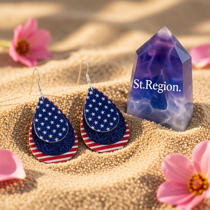 Blue and White Polystyrene Stars and Stripes Glitter Drop Earrings, drop earrings for women, detail close-up