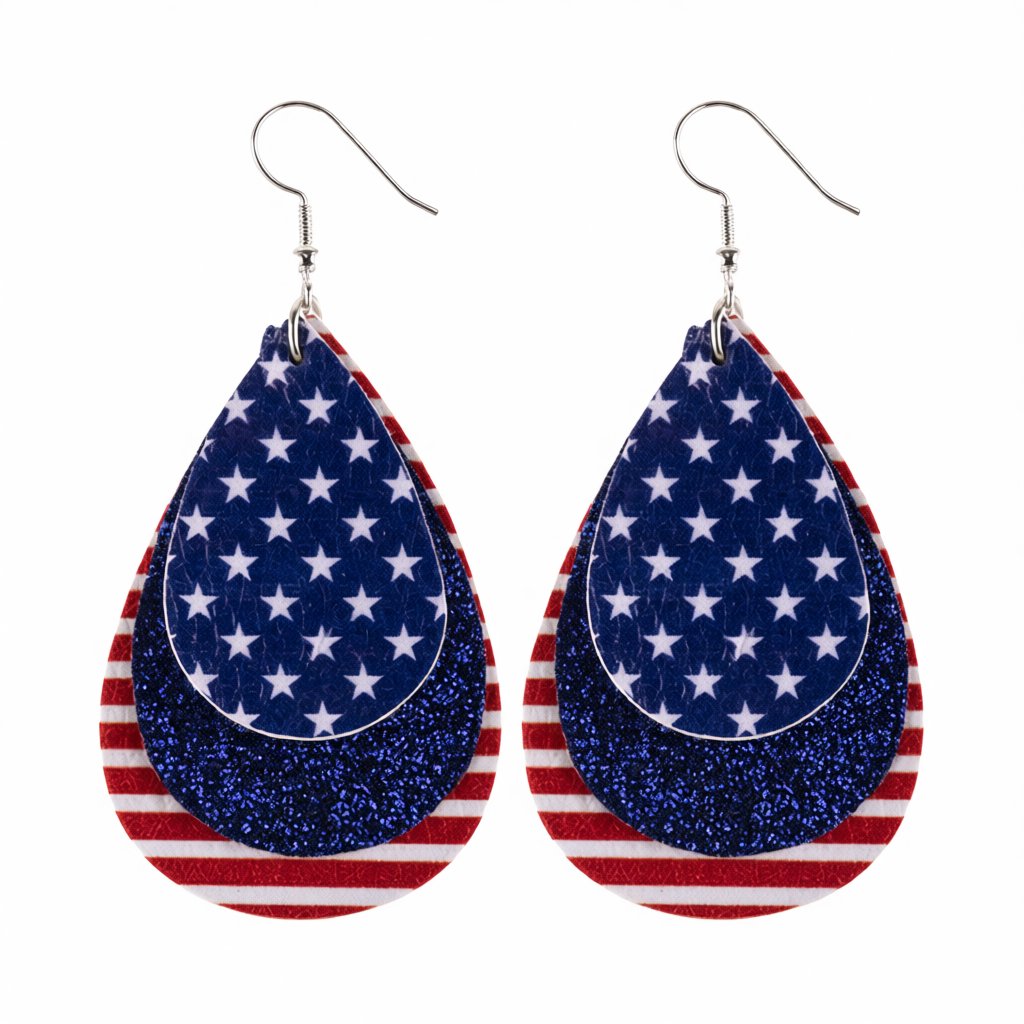 Blue and White Polystyrene Stars and Stripes Glitter Drop Earrings, drop earrings for women, botanical inspired, side view