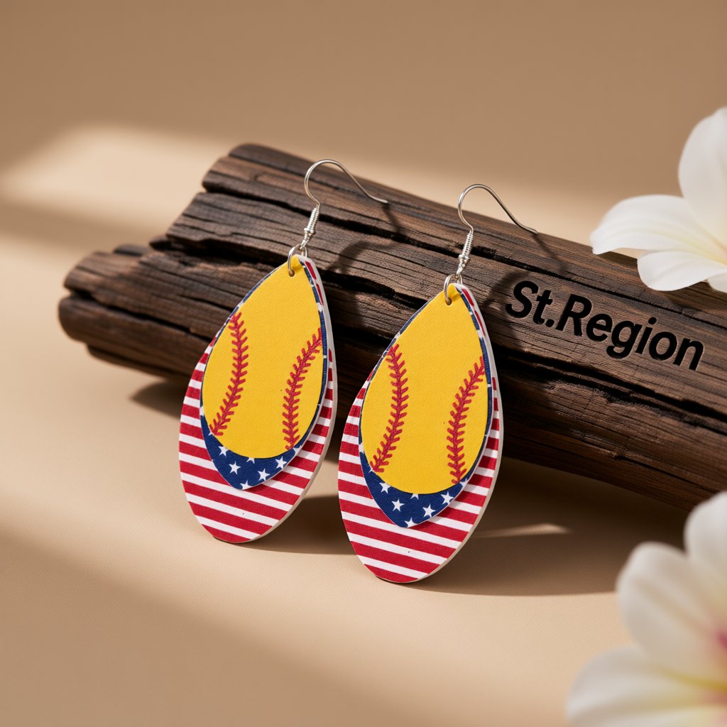 Yellow and Red Polystyrene Patriotic Baseball Triple Drop Earrings, drop earrings for women, everyday style, front view