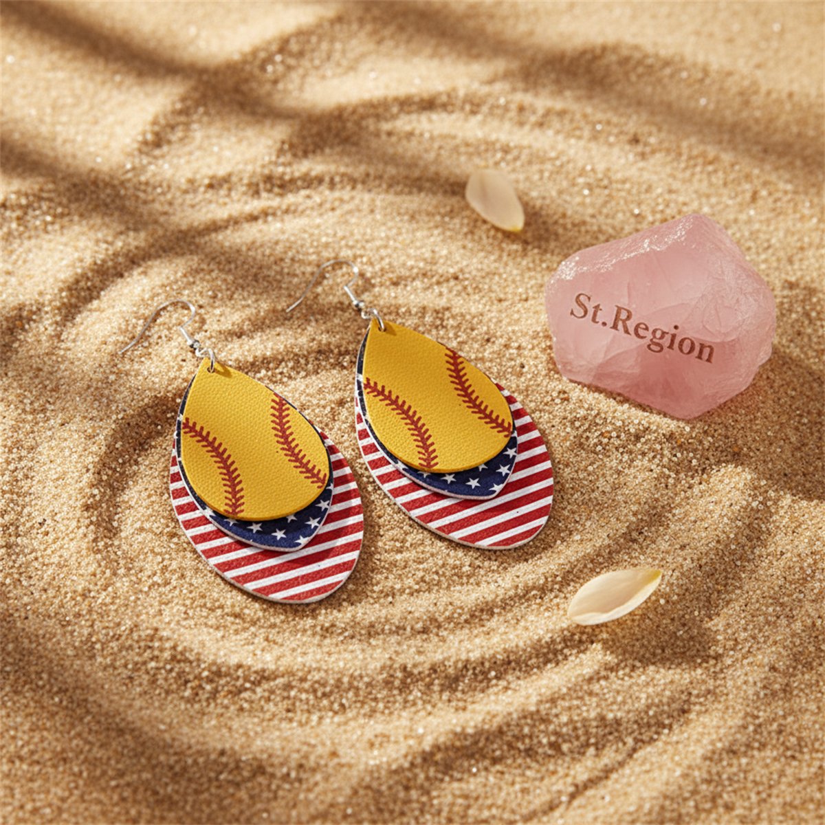 Yellow and Red Polystyrene Patriotic Baseball Triple Drop Earrings, drop earrings for women, detail close-up