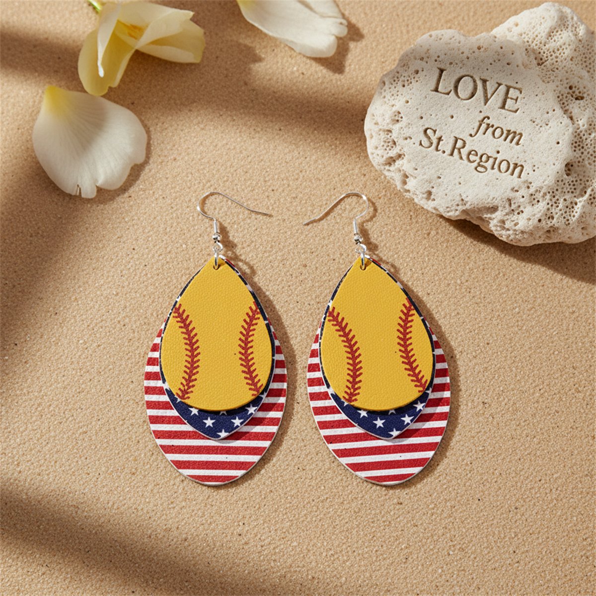 Yellow and Red Polystyrene Patriotic Baseball Triple Drop Earrings, drop earrings for women, lifestyle look