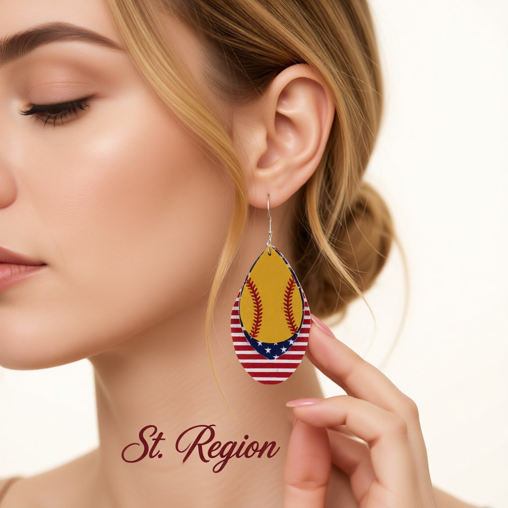 Yellow and Red Polystyrene Patriotic Baseball Triple Drop Earrings, drop earrings for women, everyday style, styled look
