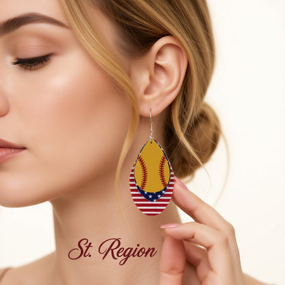 Yellow and Red Polystyrene Patriotic Baseball Triple Drop Earrings, drop earrings for women, everyday style, styled look