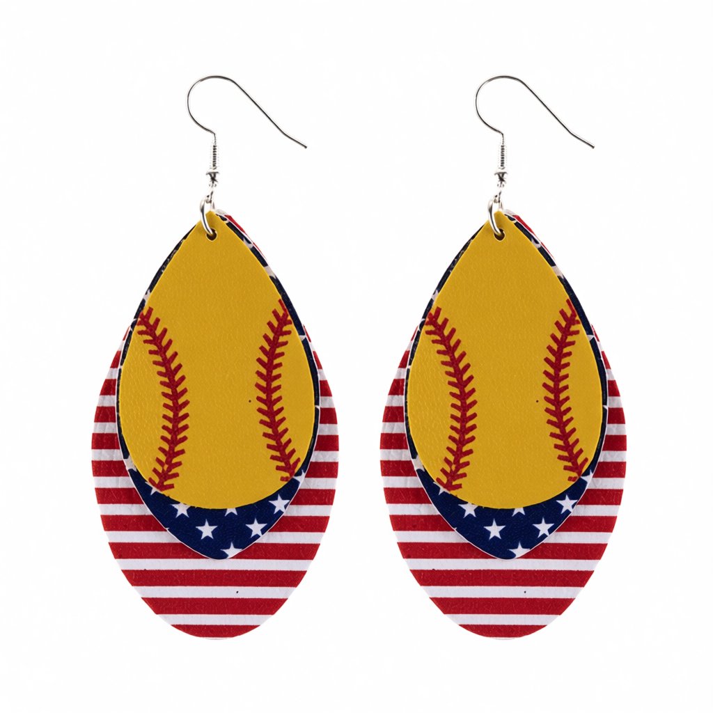 Yellow and Red Polystyrene Patriotic Baseball Triple Drop Earrings, drop earrings for women, everyday style, side view