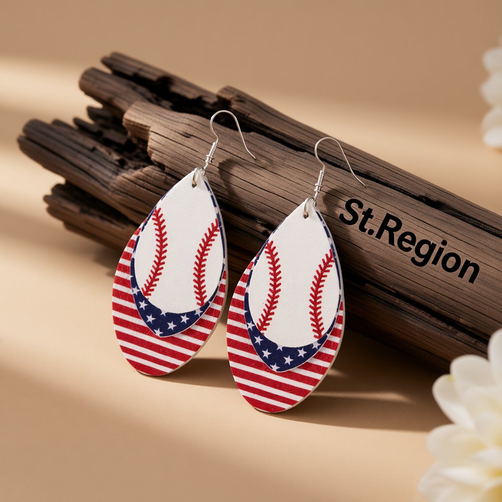 Off-White and Red Polystyrene Patriotic Baseball Triple Drop Earrings, drop earrings for women, everyday style, front view