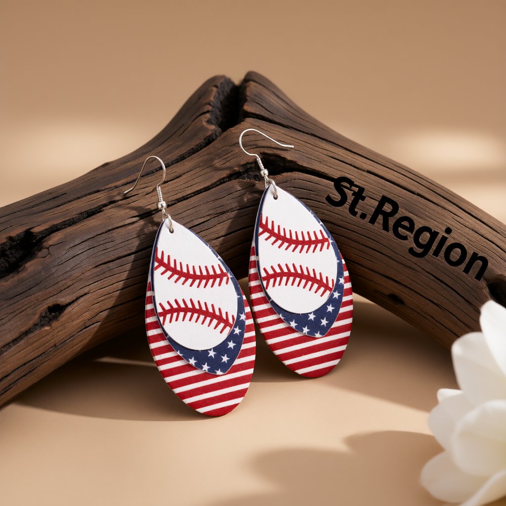 White and Red Polystyrene Patriotic Baseball Triple Drop Earrings, drop earrings for women, everyday style, front view