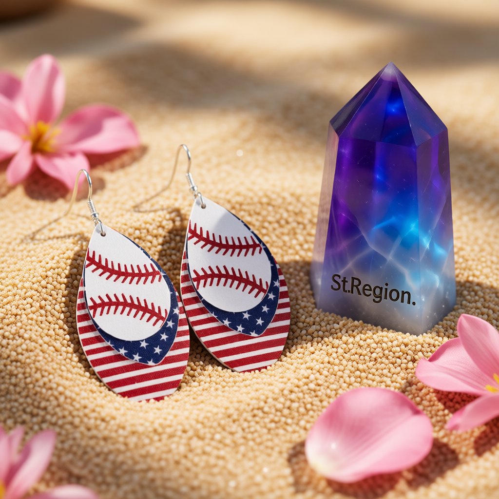 White and Red Polystyrene Patriotic Baseball Triple Drop Earrings, drop earrings for women, detail close-up