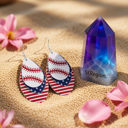 White and Red Polystyrene Patriotic Baseball Triple Drop Earrings, drop earrings for women, detail close-up