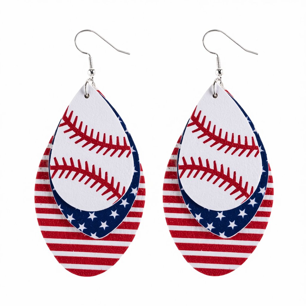 White and Red Polystyrene Patriotic Baseball Triple Drop Earrings, drop earrings for women, everyday style, side view