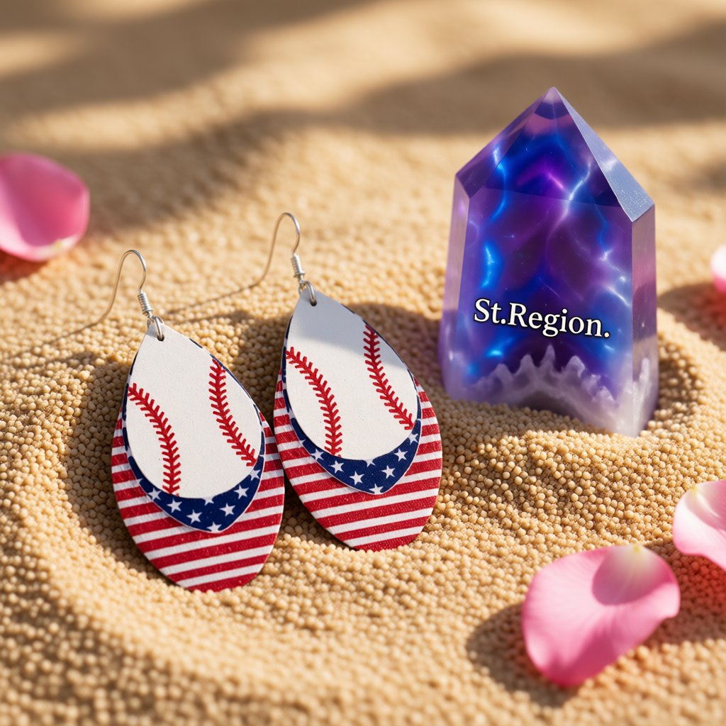 Off-White and Red Polystyrene Patriotic Baseball Triple Drop Earrings, drop earrings for women, detail close-up