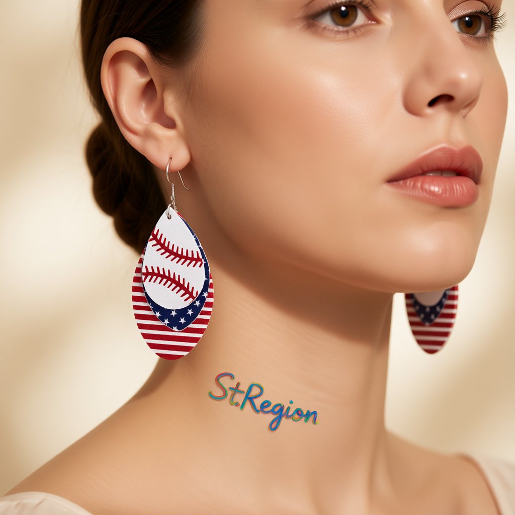 White and Red Polystyrene Patriotic Baseball Triple Drop Earrings, drop earrings for women, everyday style, styled look