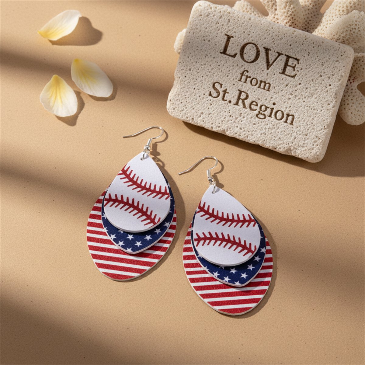 White and Red Polystyrene Patriotic Baseball Triple Drop Earrings, drop earrings for women, lifestyle look