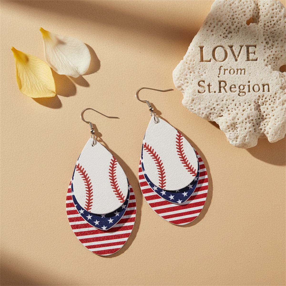 Off-White and Red Polystyrene Patriotic Baseball Triple Drop Earrings, drop earrings for women, lifestyle look