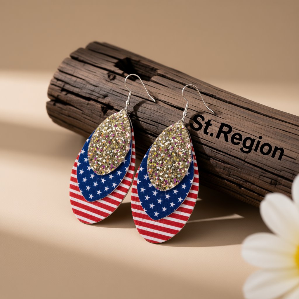 Blue Polystyrene and Silver-Plated Stars Stripes Triple Drop Earrings, silver drop earrings for women, front view
