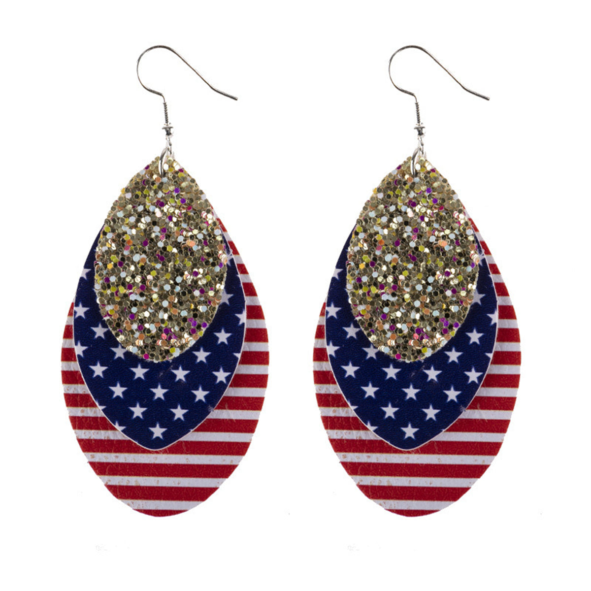 Blue Polystyrene & Silver-Plated Stars Stripes Triple Drop Earrings