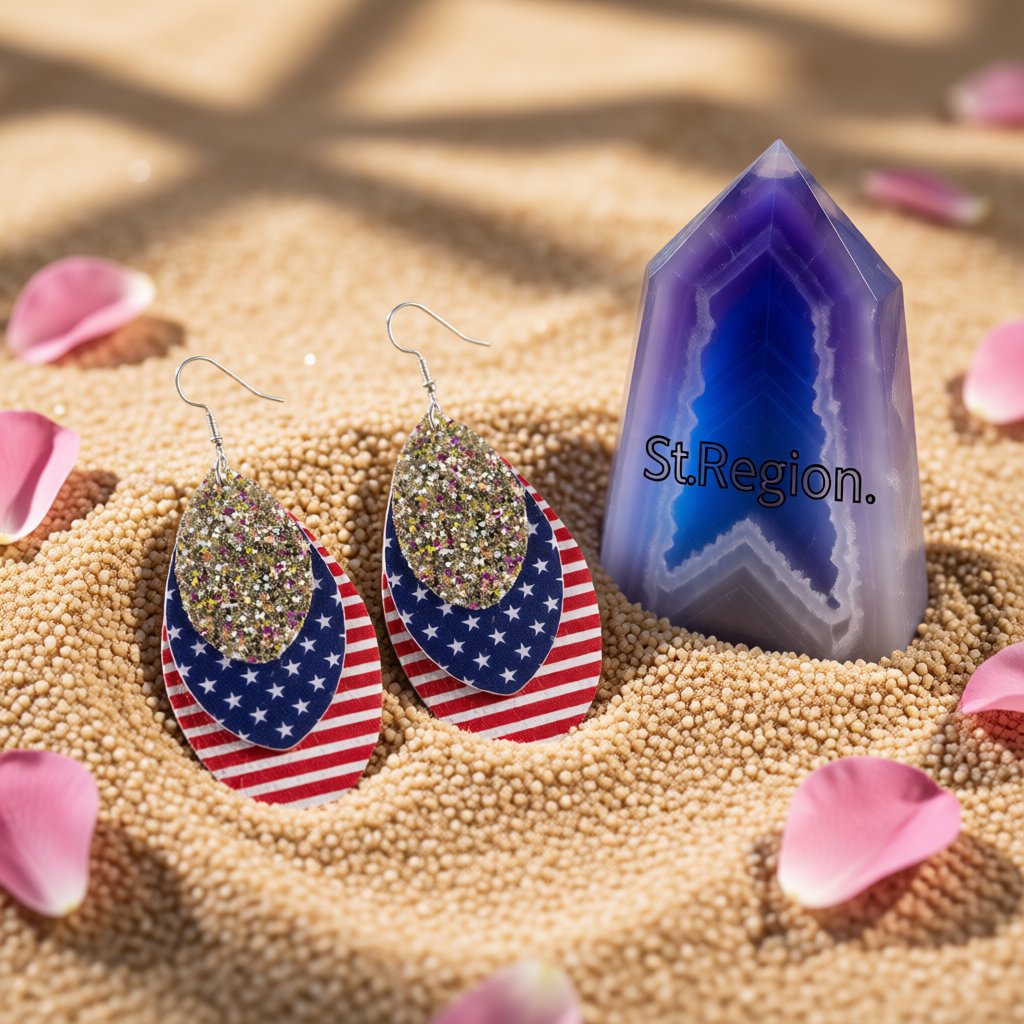Blue Polystyrene and Silver-Plated Stars Stripes Triple Drop Earrings, silver drop earrings for women, detail close-up