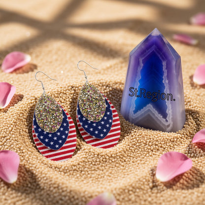 Blue Polystyrene and Silver-Plated Stars Stripes Triple Drop Earrings, silver drop earrings for women, detail close-up